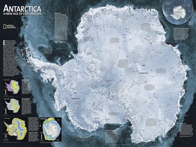 Fototapeta Mapa Antarktydy z opisami (mpn: 391) Fototapeta z mapą Antarktydy, kontury, linie siatki, lodowe obszary