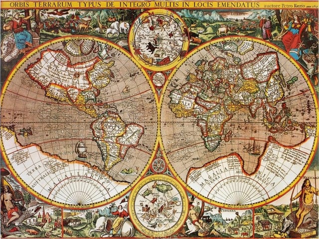 Fototapeta Stara mapa świata z XVII wieku (mpn: 3944) Fototapeta z XVII-wieczną mapą świata, ozdobne ramki i ilustracje