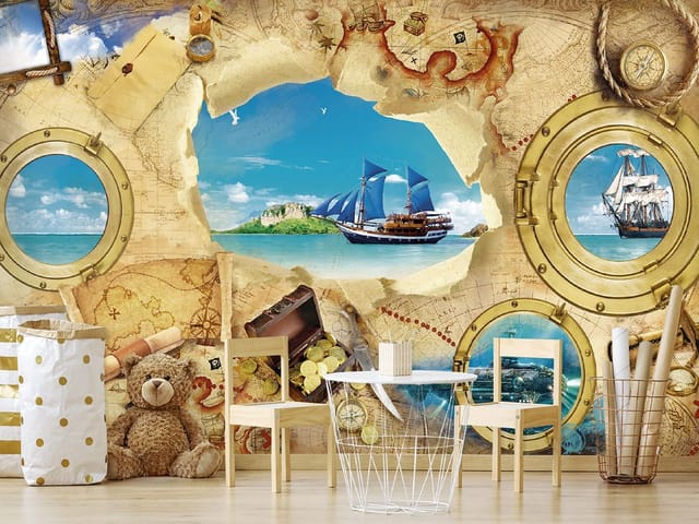 Fototapeta z żaglowcem na oceanie, z mapami i bulajami w tle