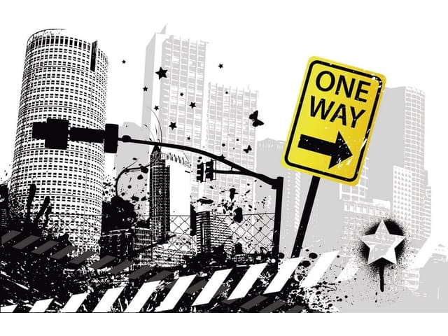 Fototapeta Ilustracje miast z żółtym znakiem One Way