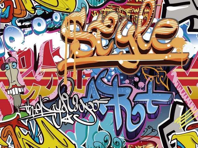 Fototapeta Kolorowe graffiti z napisem (mpn: 4008) Fototapeta z kolorowym graffiti, dużymi literami i abstrakcyjnymi kształtami