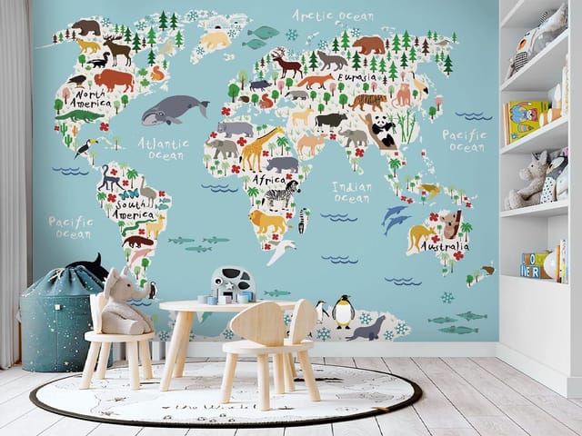 Fototapeta Mapa Świata dla Dzieci z Fauną (mpn: 4071) Fototapeta z mapą świata dla dzieci, kontynenty i zwierzęta