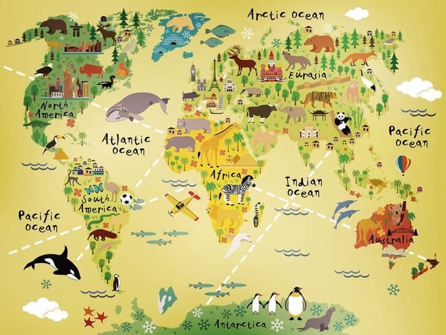 Fototapeta Mapa świata dla dzieci (mpn: 4072) Fototapeta z ilustracyjną mapą świata z kontynentami i zwierzętami