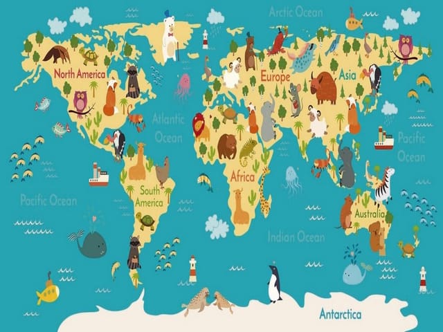 Fototapeta Mapa świata dla dzieci z kontynentami (mpn: 4075) Fototapeta z mapą świata dla dzieci, kontynenty z nazwami i zwierzęta