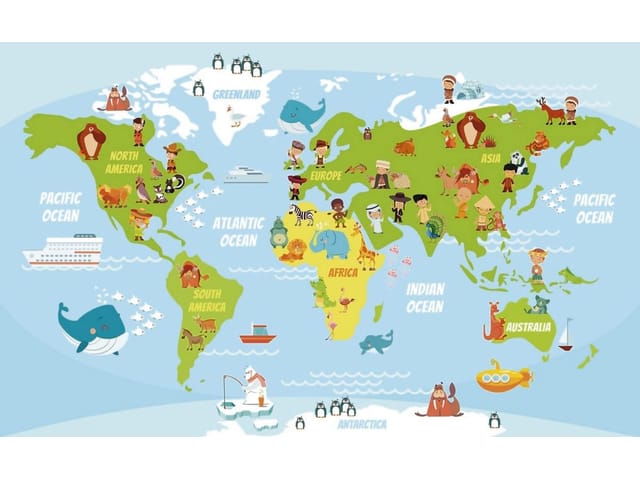 Fototapeta Mapa świata dla dzieci z postaciami (mpn: 4076) Fototapeta z mapą świata dla dzieci z kontynentami i zwierzętami
