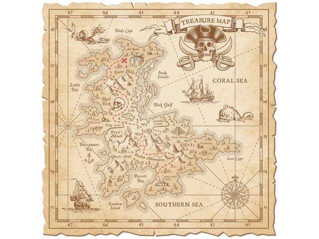 Fototapeta Mapa skarbów na wyspie (mpn: 4092) Fototapeta z mapą skarbów, wyspą pełną gór i lasów, kompasem i statkiem
