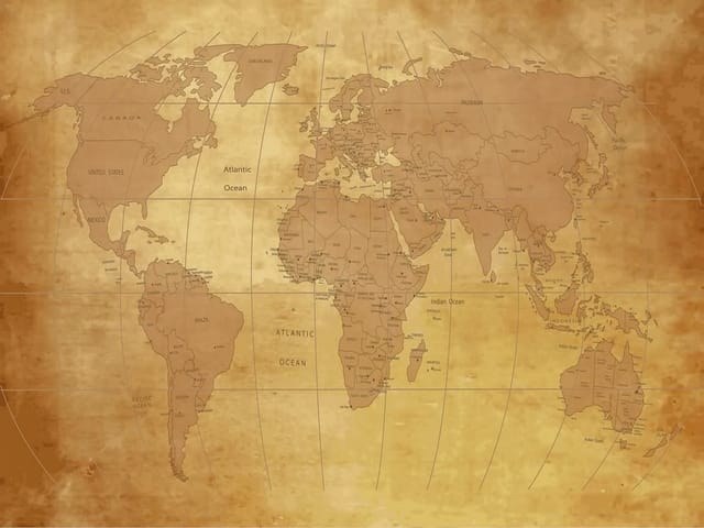 Fototapeta Stara mapa świata na pergaminie (mpn: 4093) Fototapeta przedstawiająca starą mapę świata z kontynentami i oceanami na tle pergaminu