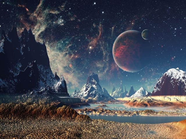 Fototapeta Góry i Planety w Kosmicznej Scenerii (mpn: 4097) Fototapeta Planety – góry na obcej planecie, śnieg i gwiazdy