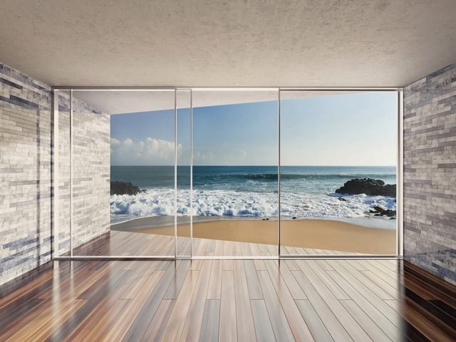 Fototapeta z widokiem na ocean przez okno, z plażą i niebem