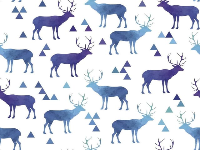 Fototapeta z niebieskimi sylwetkami jeleni na białym tle z geometrycznymi wzorami