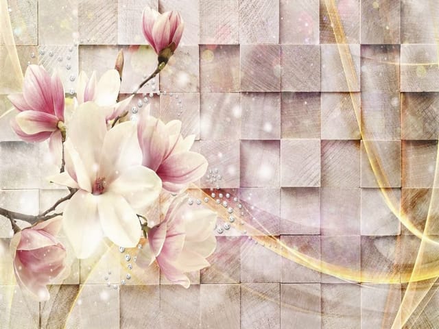 Fototapeta z kwiatami magnolii na gałęzi i geometrycznym tłem