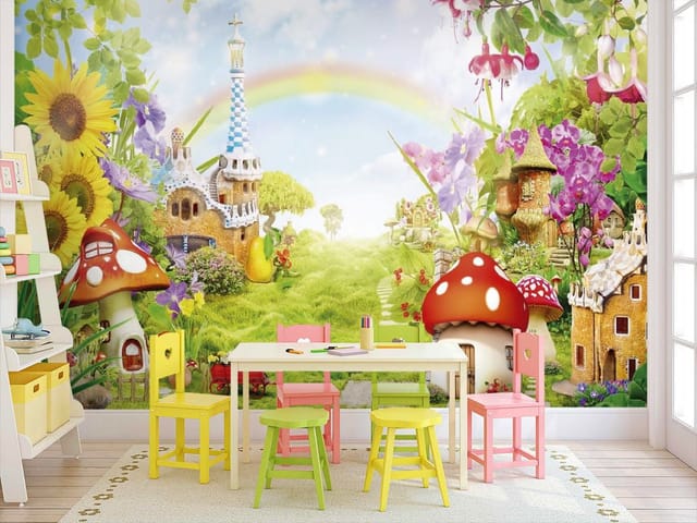 Fototapeta z fantazyjnymi domkami grzybowymi, kolorowe kwiaty i tęcza