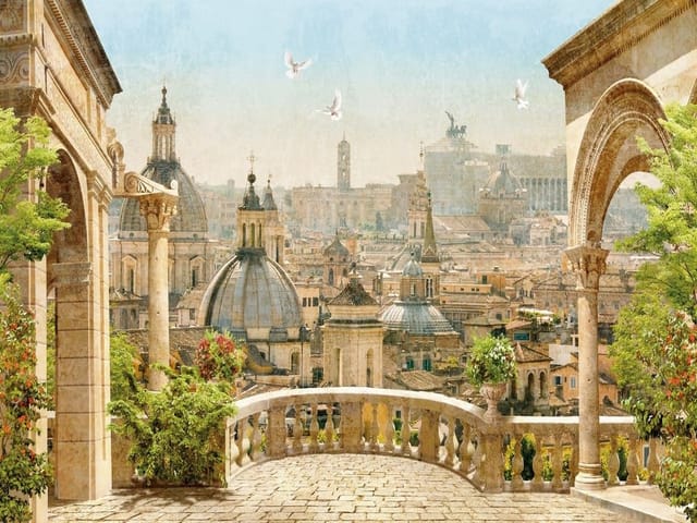 Fototapeta z widokiem na miasto z tarasu, kopuły i wieże w tle