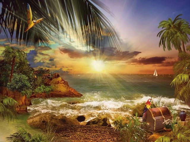 Fototapeta Tropikalny Zachód Słońca (mpn: 4298) Fototapeta z tropikalną plażą, palmami i zachodem słońca nad oceanem
