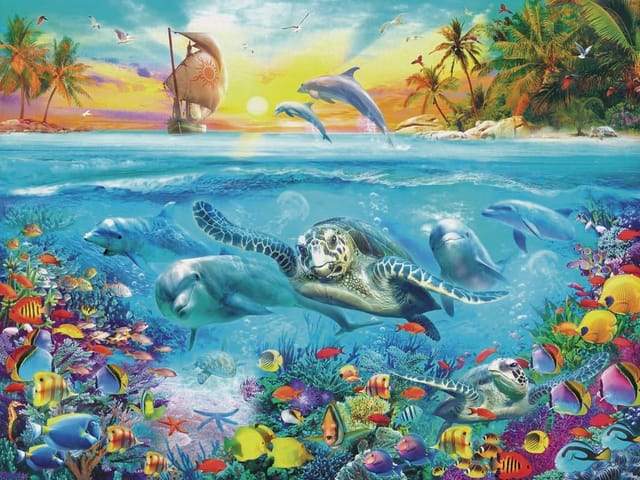 Fototapeta z żółwiem morskim i delfinami w oceanie, kolorowe ryby i rafy