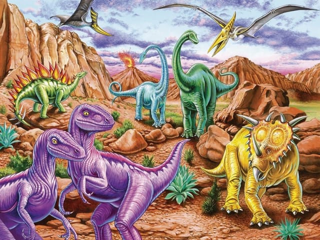 Fototapeta z dinozaurami na pustynnym tle z wulkanem i chmurami