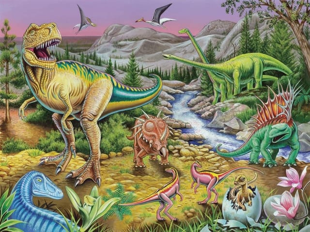 Fototapeta z dinozaurami na polanie z górami i strumieniem w tle