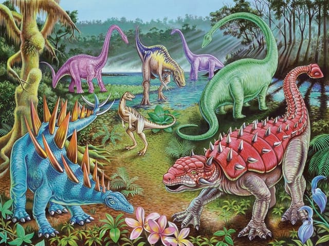 Fototapeta z dinozaurami w lesie, kolorowe dinozaury i roślinność