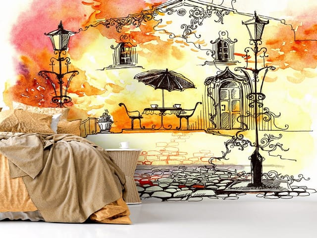 Fototapeta Taras z latarniami i stolikiem (kod: 4348) Fototapeta z tarasem, ozdobnymi latarniami i budynkiem w tle