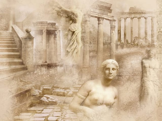 Fototapeta z motywem starożytnych kolumn i rzeźb w ruinach
