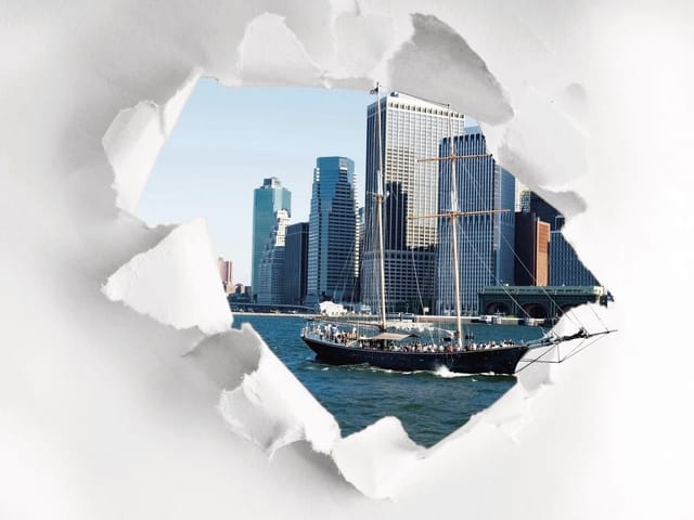 Fototapeta Żaglowiec i wieżowce w 3D