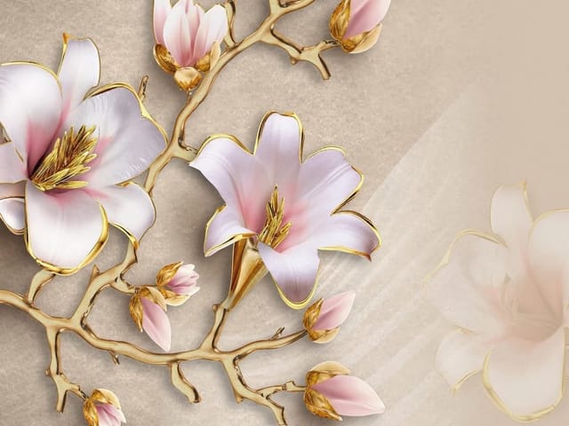 Fototapeta z dużymi kwiatami magnolii, złote akcenty na jasnym tle