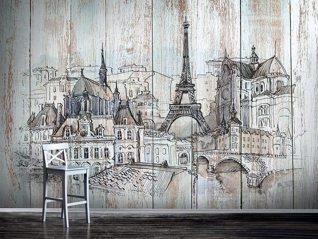 Fototapeta z Wieżą Eiffla, starymi budynkami i mostem na tle drewna