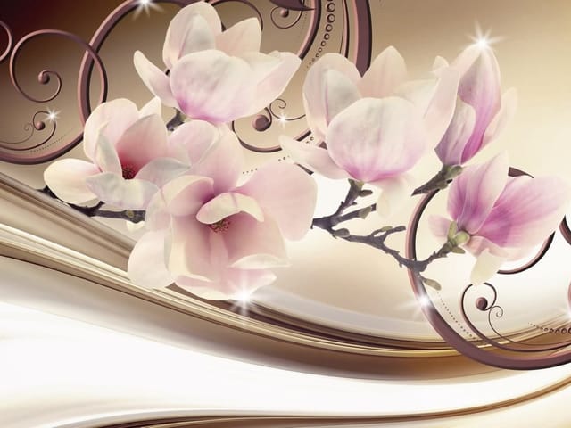 Fototapeta Magnolie na gałęzi z wzorami (mpn: 4503) Fototapeta z kwiatami magnolii na gałęzi i dekoracyjnymi wzorami