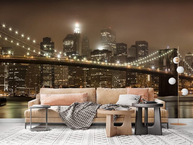 Fototapeta Nocny Most z Wieżowcami (kod: 4532) Fototapeta przedstawiająca oświetlony most nad rzeką z wieżowcami w tle