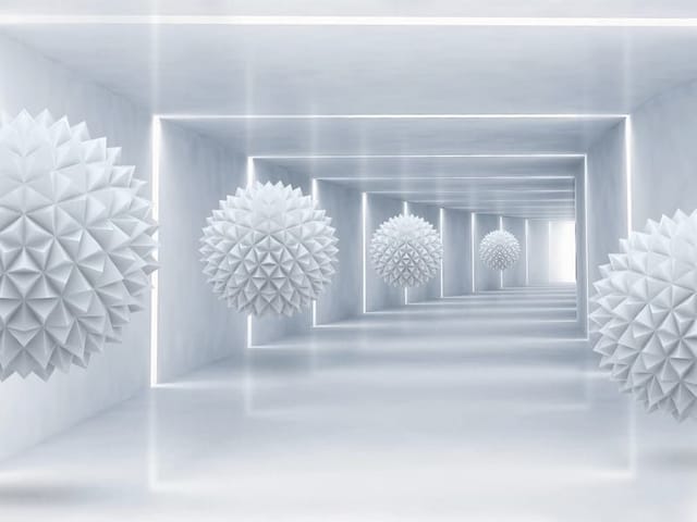 Fototapeta z geometrycznymi białymi kulami w perspektywicznym tunelu