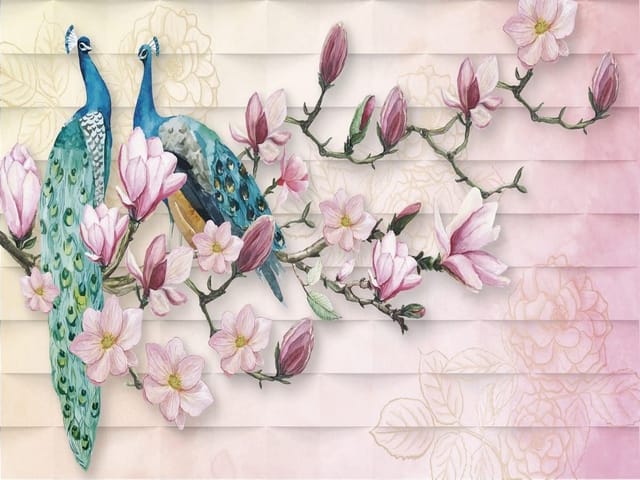 Fototapeta z dwoma pawiami na gałęzi magnolii w pastelowych kolorach