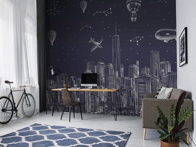 Fototapeta Ilustracje miast – panorama miasta nocą z gwiazdami