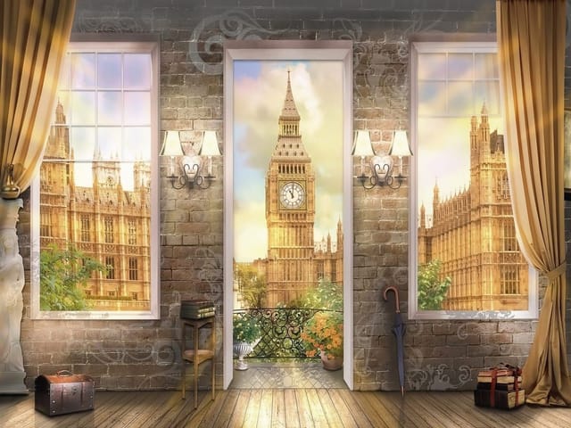 Fototapeta z widokiem na wieżę zegarową przez okno, ceglana ściana, drewniana podłoga
