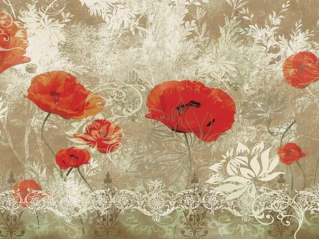 Fototapeta Czerwone maki na tle ornamentów (mpn: 4596) Fototapeta z czerwonymi makami na beżowym tle z ornamentami