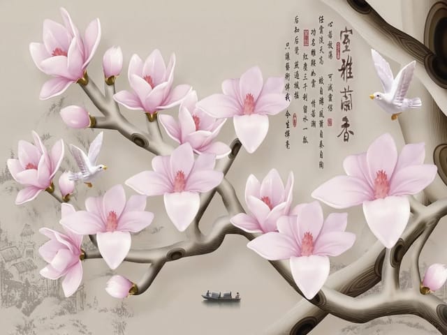 Fototapeta z gałęzią drzewa i kwiatami magnolii na jasnym tle z chińskimi znakami.