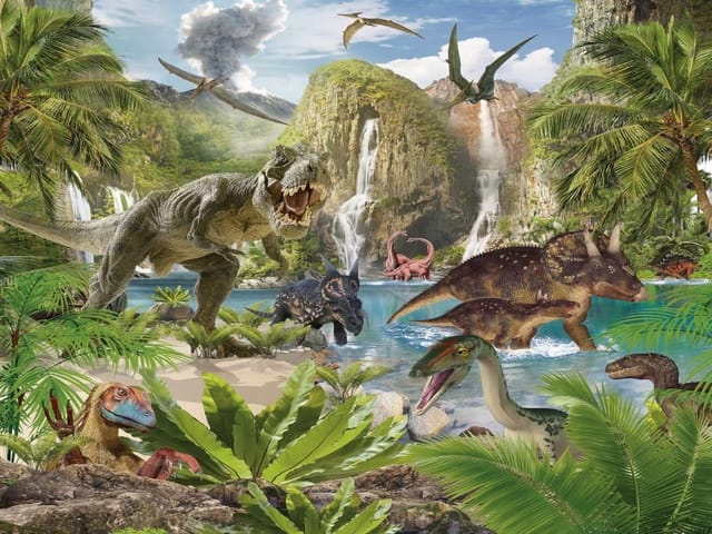 Fototapeta z dinozaurami nad błękitnym jeziorem w otoczeniu dżungli i wodospadów.