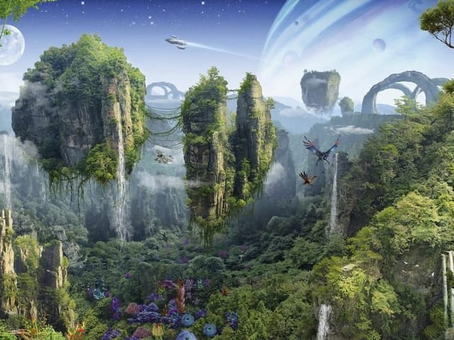Fototapeta z latającymi wyspami, wodospadami i planetą z pierścieniami