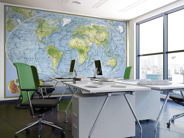 Fototapeta z fizyczną mapą świata, kontynenty, oceany, granice państw