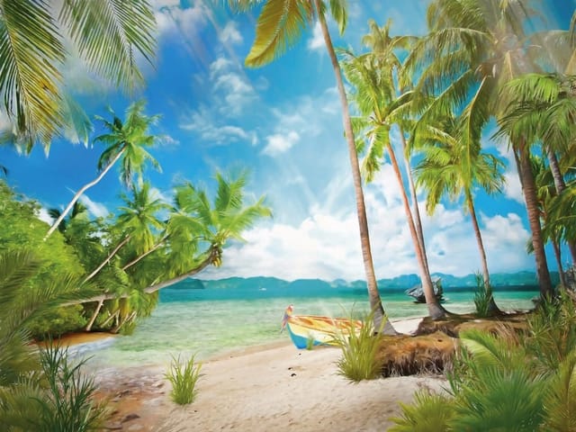 Fototapeta z plażą, palmami i łodzią na tle błękitnego nieba