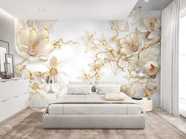 Fototapeta Kwiaty magnolii na złotych gałęziach (mpn: 4660) Fototapeta z dużymi kwiatami magnolii na złotych gałęziach i jasnym tle