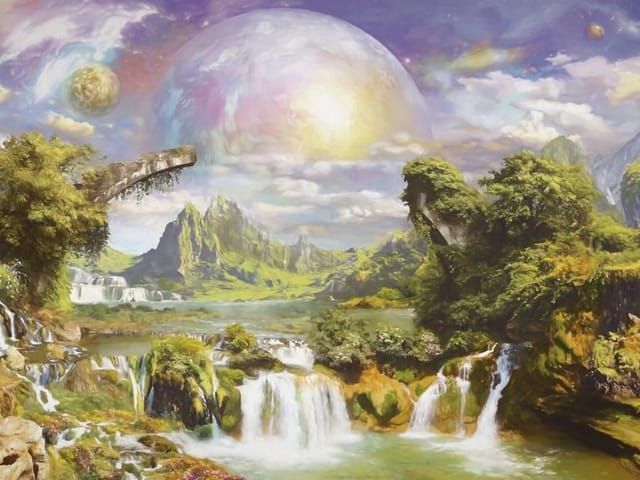 Fototapeta z dużymi wodospadami, górami i planetami na niebie