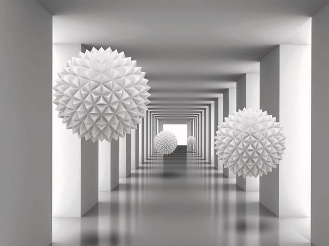 Fototapeta Geometryczne kule w tunelu 3D (mpn: 4694) Fototapeta z białymi geometrycznymi kulami w symetrycznym korytarzu