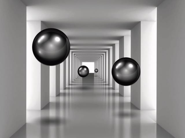Fototapeta Czarne kule w białym tunelu (mpn: 4696) Fototapeta z czarnymi kulami w białym korytarzu o geometrycznych ścianach