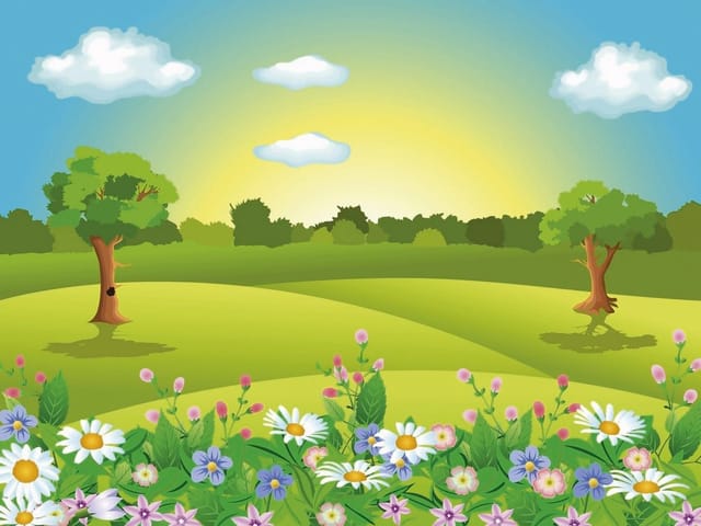 Fototapeta Łąka z kwiatami i drzewami (kod: 4848) Fototapeta Łąka z kwiatami i drzewami