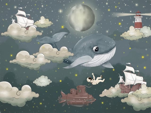 Fototapeta z wielorybem unoszącym się w chmurach nocą z księżycem i gwiazdami