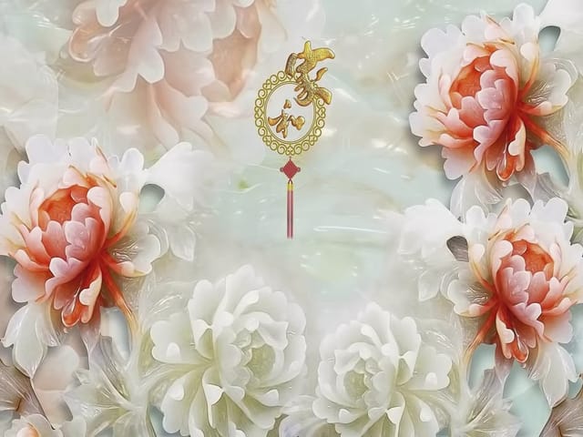 Fototapeta Orientalne Piwonie z Złotym Ornamentem (mpn: 4890) Fototapeta z dużymi kwiatami piwonii i złotym ornamentem na pastelowym tle