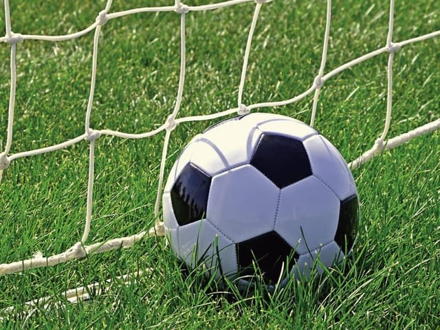 Fototapeta z piłką nożną przy siatce bramki i zielonej trawie