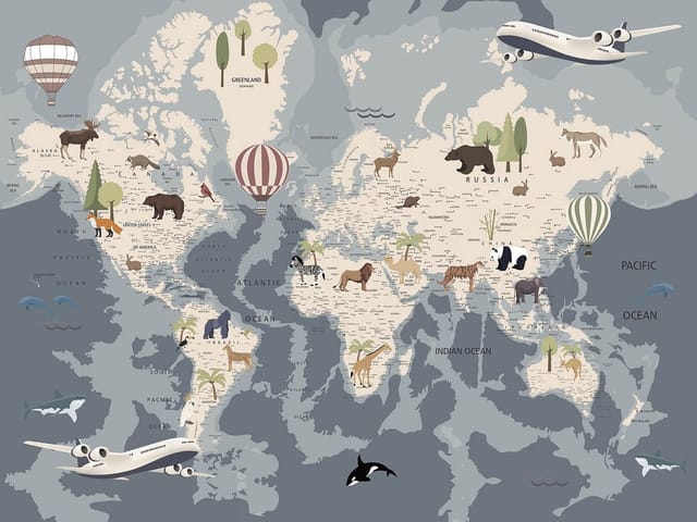 Fototapeta Mapa świata z kontynentami dla dzieci (mpn: 4966) Fototapeta z mapą świata dla dzieci z kontynentami i zwierzętami