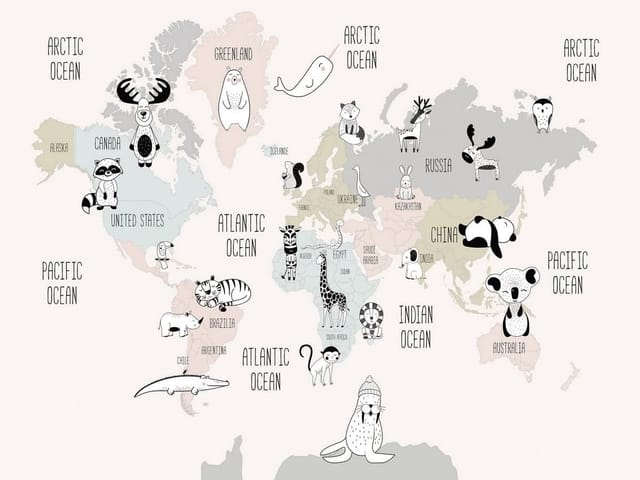 Fototapeta Mapa świata z rysunkowymi zwierzętami (mpn: 4973) Fototapeta z mapą świata i rysunkowymi zwierzętami w pastelowych kolorach
