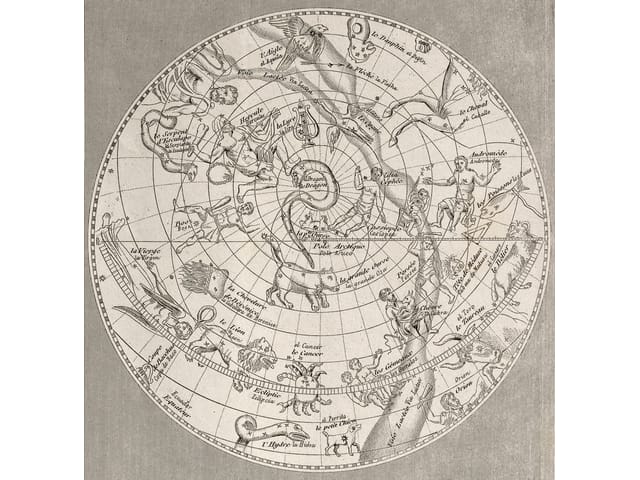 Fototapeta przedstawiająca okrągłą mapę nieba z konstelacjami i napisami po francusku